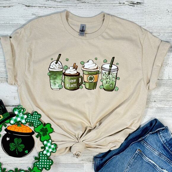 St. Patrick’s Day Coffee Cups Tan Small Womens T-Shirt - Picture 1 of 5